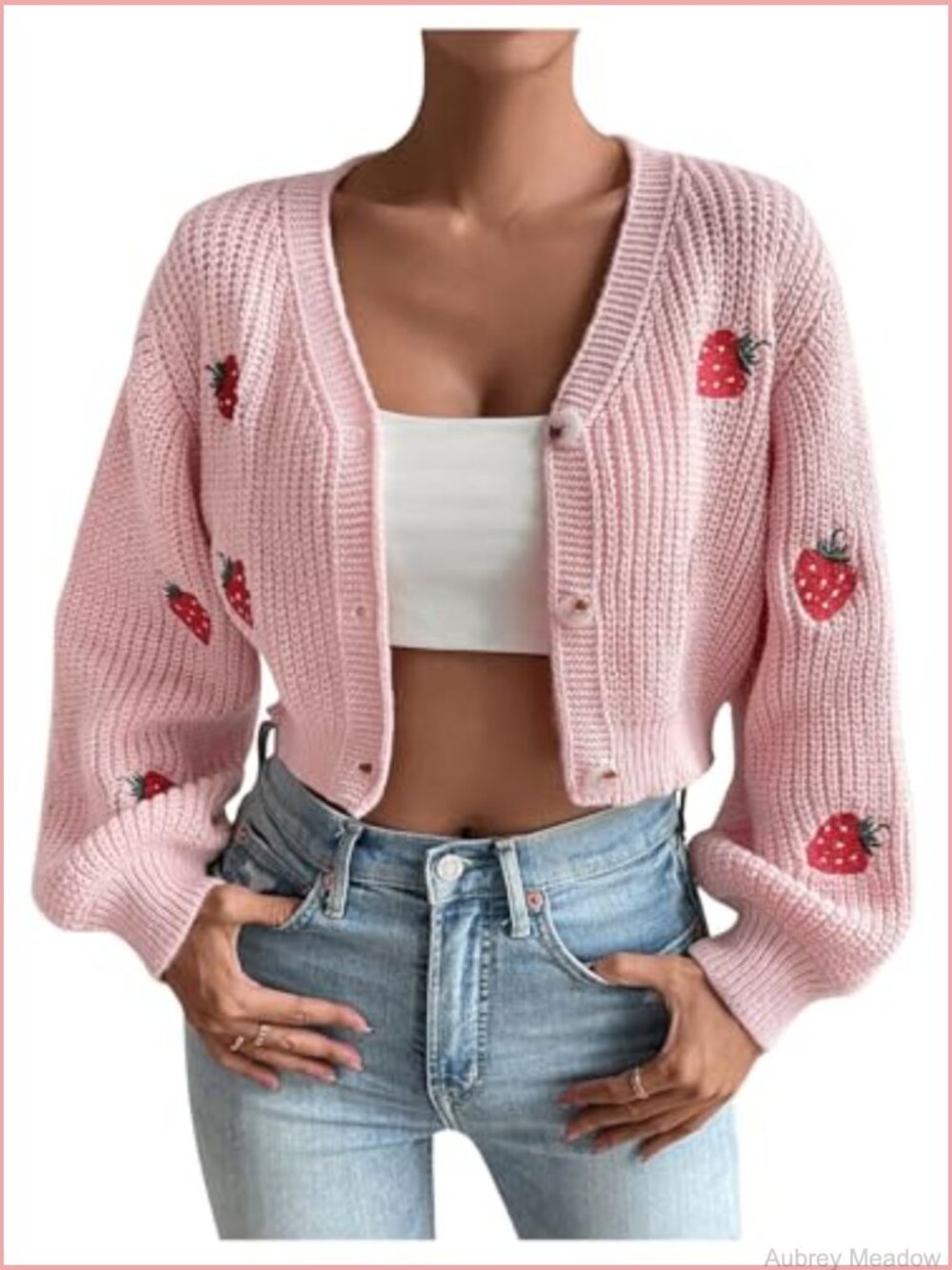 Strawberry Embroidery Crop Cardigan V Neck Button Front Drop Shoulder - Picture 6 of 7